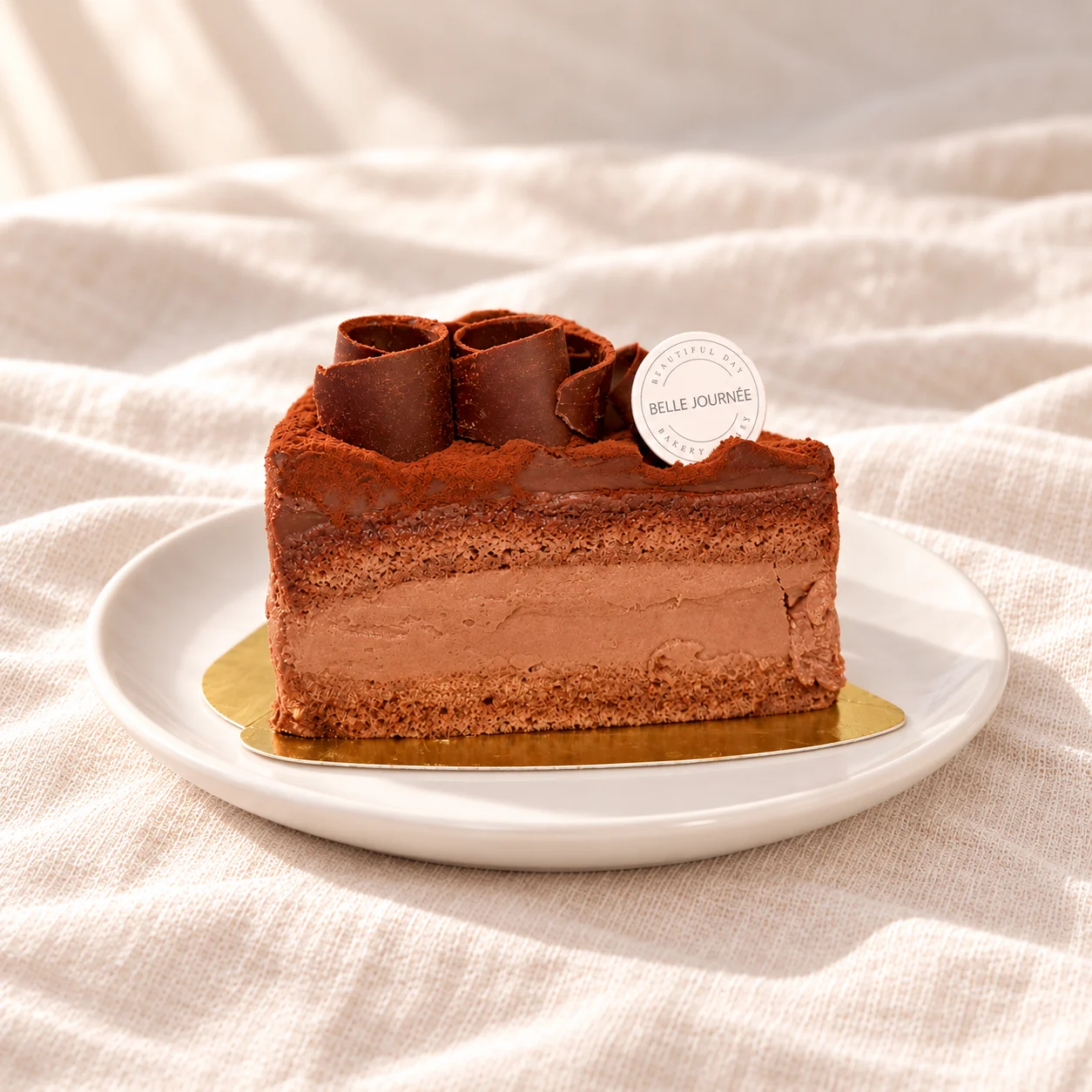 A slice of Belle Journée chocolate cake.