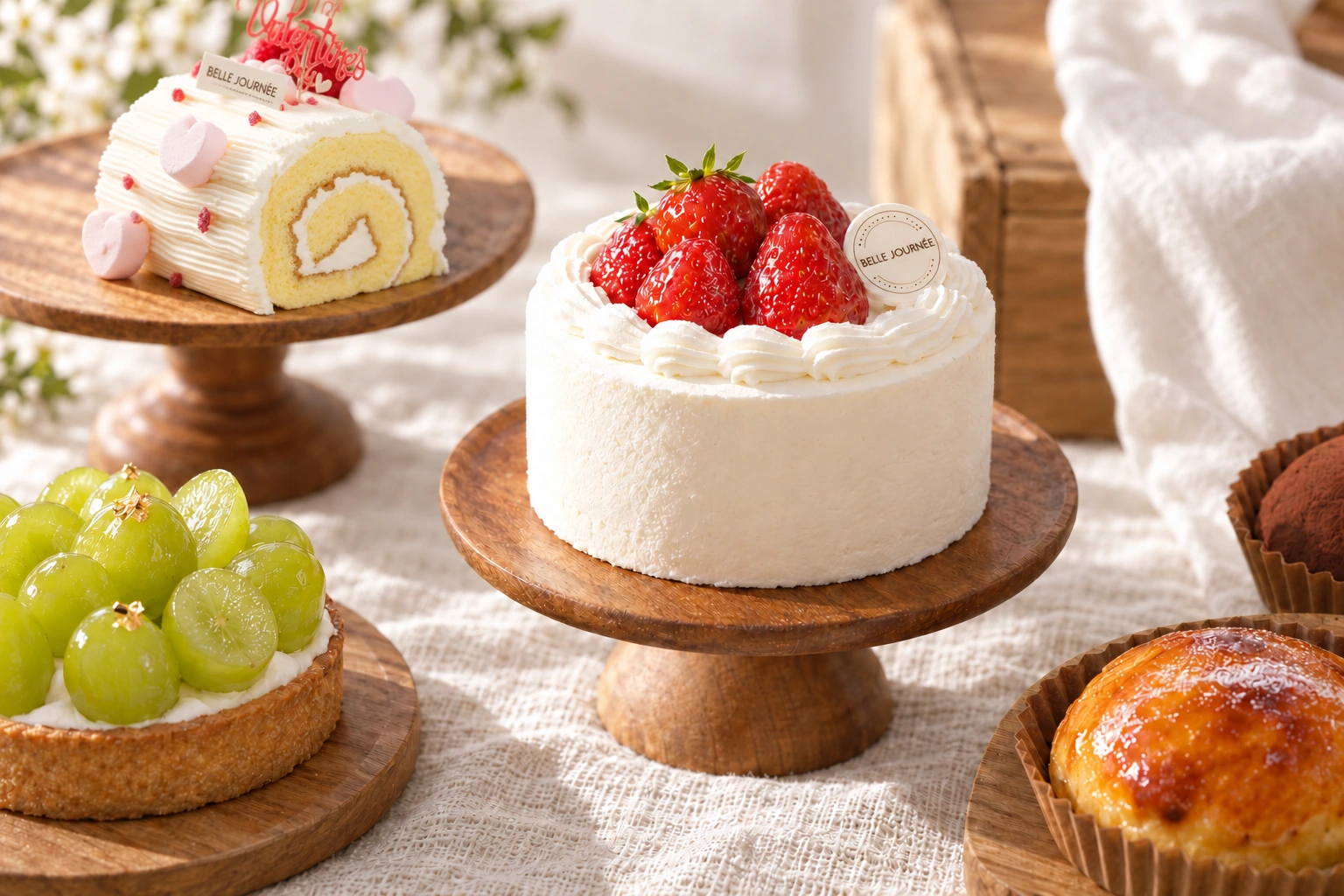 Belle Journée strawberry cake, Valentine roll cake, grape tart and pastries on wooden stands.